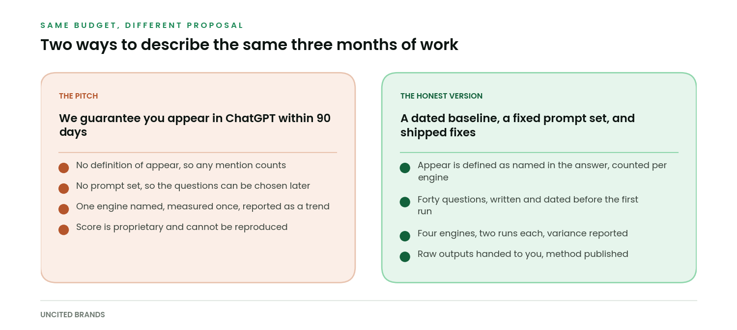 Side by side comparison of a vague guarantee pitch against an honest proposal with a dated baseline and fixed prompt set