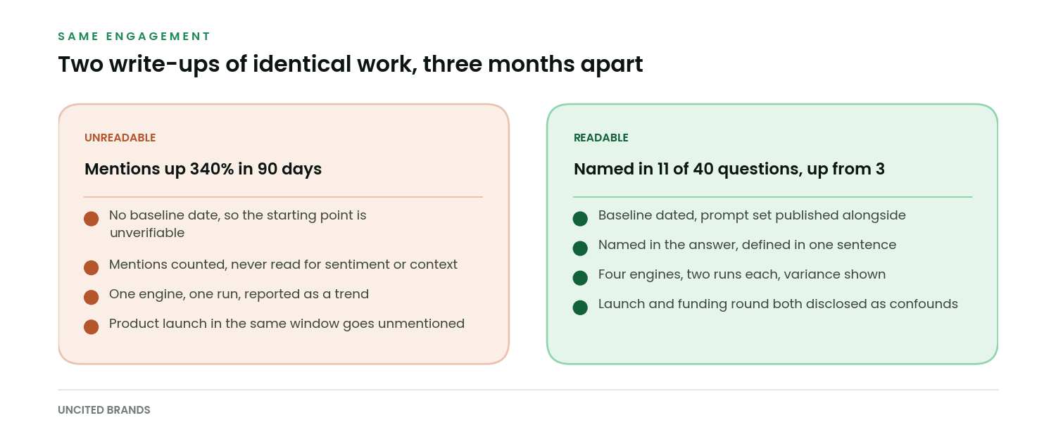 Side by side comparison of an unverifiable case study claiming 340 percent growth against a readable one stating named appearances in 11 of 40 questions